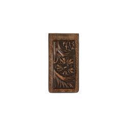 D250013102 3D MONEY CLIP MAGNETIC CLIP FLORAL EMBOSSED BROWN