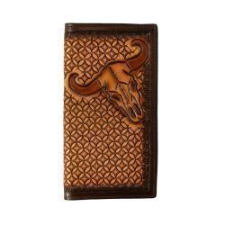 D250015302 3D RODEO STYLE WALLET HAND TOOLED STAINED EDGE COW SKULL BROWN