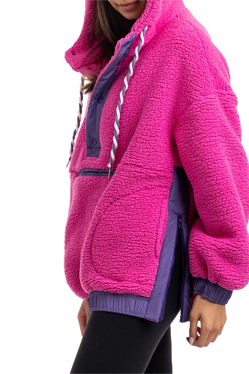 KATYDID HOT PINK TWO-TONED SHERPA PULLOVER JACKET