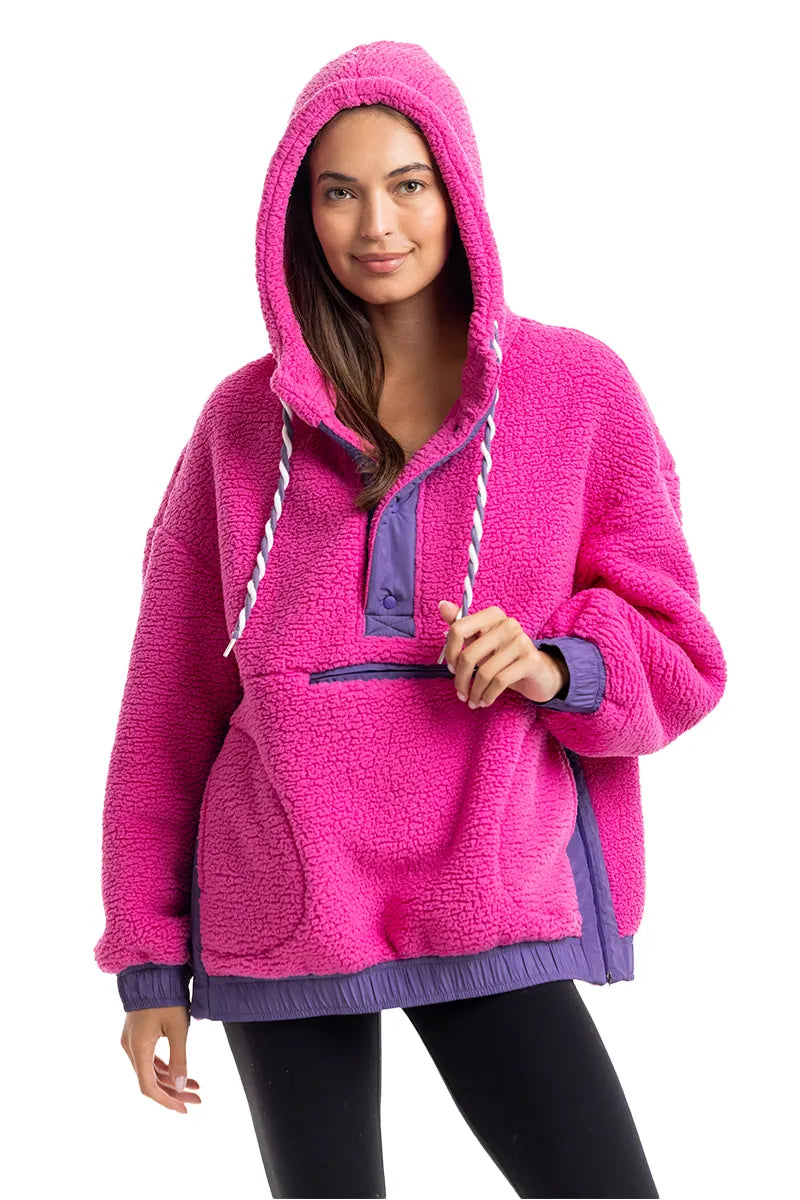KATYDID HOT PINK TWO-TONED SHERPA PULLOVER JACKET