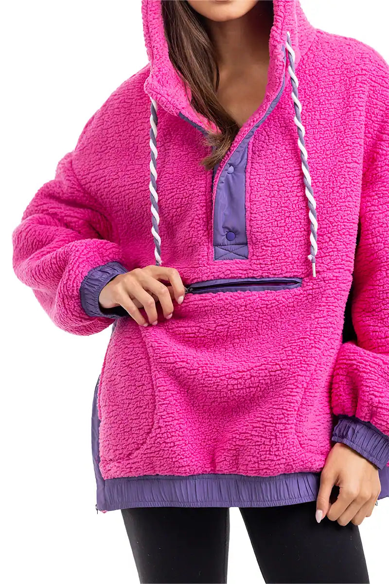 KATYDID HOT PINK TWO-TONED SHERPA PULLOVER JACKET