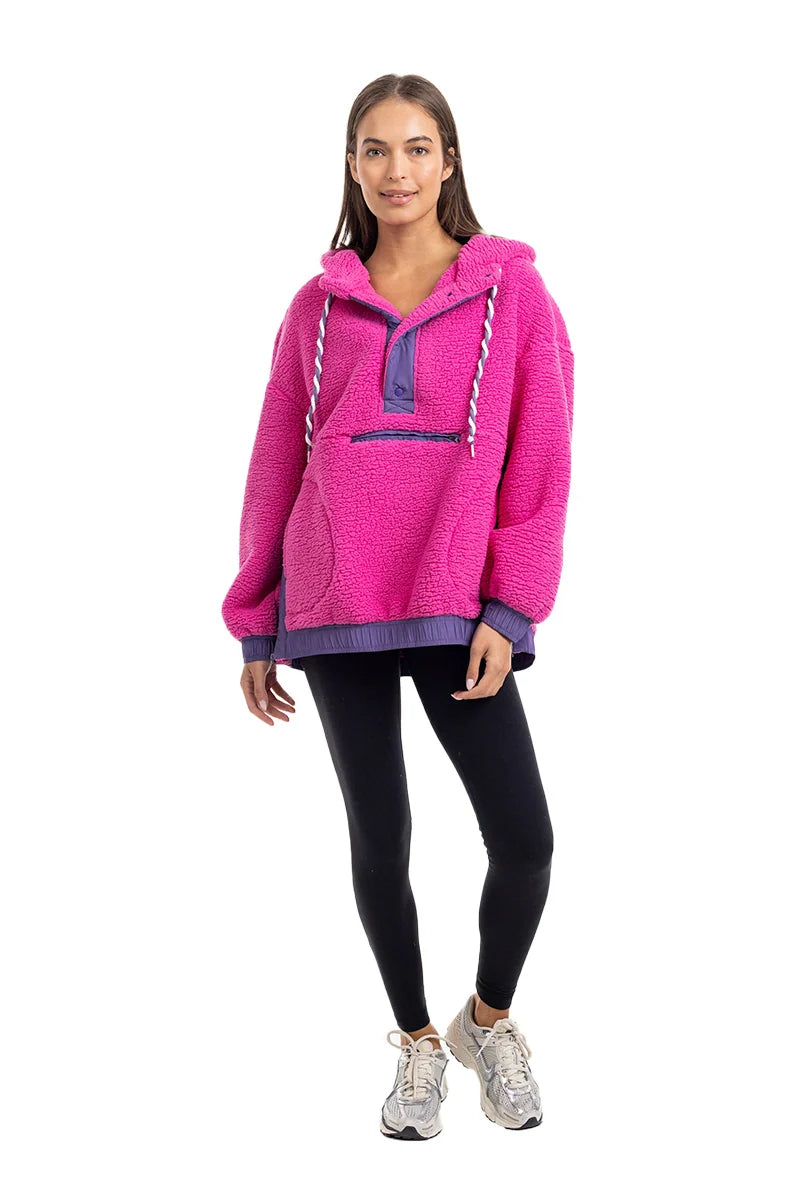 KATYDID HOT PINK TWO-TONED SHERPA PULLOVER JACKET
